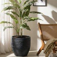 Wyld and Coco Black Fibre Clay Round Planter 42 cm Leaf Pattern Indoor Outdoor