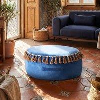 Wyld and Coco Velvet Round Tasselled Pouffe Ottoman Blue