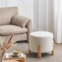 Wyld and Coco Off White Chenille Round Pouffe Upholstered Seat Eucalyptus Legs