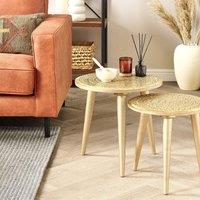 Wyld and Coco Set of 2 Gold Distressed Carved Mango Wood Side Tables