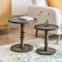 Wyld and Coco Dark Mango Wood Round Side Tables Set of 2 - Turned Pedestal Bases in Brown