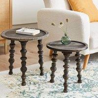 Wyld and Coco Mango Wood Co Set of 2 Side Tables - Dark Round Top Traditional Design in Brown