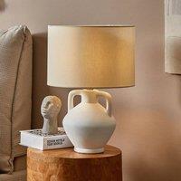 Wyld and Coco White Ceramic Table Lamp - Linen Drum Shade Minimalist Vintage Design