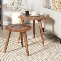 Wyld and Coco Dark Mango Wood Side Tables - Set of 2 Oriental-Inspired Round Design in Brown