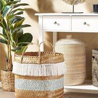 Wyld and Coco Boho Bamboo Basket 42cm Natural with Blue Pattern and Handles