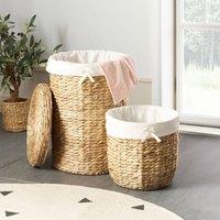 Wyld and Coco Water Hyacinth Set 2 Handwoven Storage Baskets Lid Lightweight in Natural