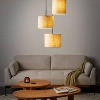 Wyld and Coco Three-Light Pendant Beige Linen Shade Modern Design