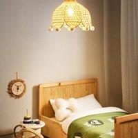 Wyld and Coco Pendant Lamp Natural Rattan Woven Shade Pom Pom Trim Ambient