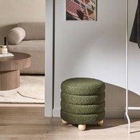 Wyld and Coco Green Boucle Pouffe - Teddy Faux Fur Footstool with Pine Legs