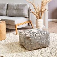 Wyld and Coco Grey Cotton Block-Print Square Pouffe - Retro Boho Footstool