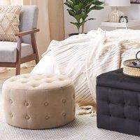 Wyld and Coco Beige Velvet Round Pouffe - Button Tufted Footstool