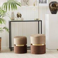 Wyld and Coco Set of 2 Brown Velvet Storage Pouffes with Gold Bar Detail