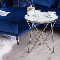 Wyld and Coco 50cm Round Side Table White Marble Effect Glass Top Gold Hairpin