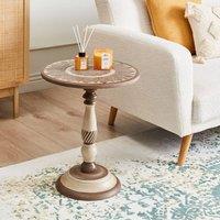 Wyld and Coco Everwood Round Side Table 45 cm Dark Mango Wood Carved Top Pedestal in Brown