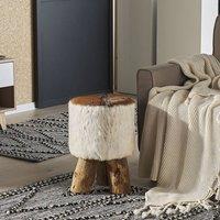 Wyld and Coco Rustic Goatskin Leather Footstool with Teak Tripod Legs in Brown