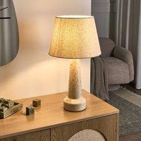 Wyld and Coco Table Lamp Beige Ceramic Base Blue Speckle Drum Faux Linen Shade