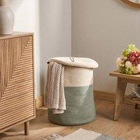 Wyld and Coco Round Cotton Storage Basket with Lid Light Beige and Green 44x44x52cm | Size: 44 x 44 x 52 cm