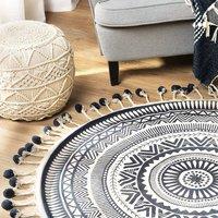 Wyld and Coco 120cm Round Cotton Rug - Cream and Navy with Tassels in Blue | Size: 120 cm diameter