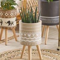 Wyld and Coco Beige Fibre Clay Plant Stand with Solid Beechwood Legs 30 cm | Size: Medium