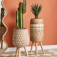 Wyld and Coco Light Brown Magnesium Round Plant Stand Beechwood Base Tall Planter