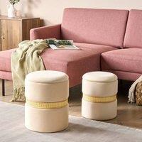 Wyld and Coco Beige Velvet Pouffes Set of 2 with Storage and Rattan Bands