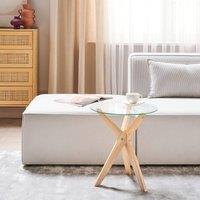Wyld and Coco Round End Table 45 cm Tempered Glass Top Rubberwood Legs in Clear
