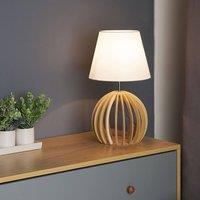 Wyld and Coco Round Wood Base Table Lamp White Polycotton Shade in Brown