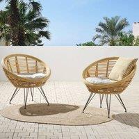 Wyld and Coco Set 2 Natural Rattan Chairs Beige Cotton Cushions and Powder Coat Iron