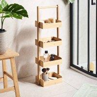 Wyld and Coco 4-Tier Bath Shelving Unit with Basket Design - Light Brown