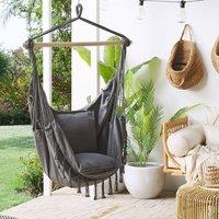 Wyld and Coco Hanging Hammock Chair Grey Cotton Woven Boho Tassel Armchair