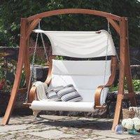Wyld and Coco Everwood 2-Seater Garden Swing - Larch Wood Frame White Upholstery in Brown
