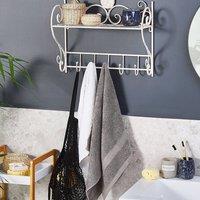 Wyld and Coco Heritage Home Distressed White Iron Wall Shelf 42 x 47 cm with 5 Hooks