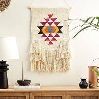 Wyld and Coco Handwoven Beige Cotton Wall Hanging with Geometric Tassels