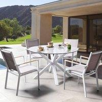 Wyld and Coco 120 cm Round Garden Dining Table Taupe Glass White Powder Coat