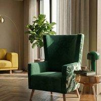 Wyld and Coco Wingback Armchair Deep Green Velvet High Back Slanted Light Wood Legs