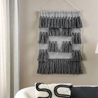 Wyld and Coco Grey Handwoven Cotton Wall Hanging Dark Tassels Boho Modern Living