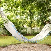 Wyld and Coco Beige Cotton Garden Hammock with Light Blue Boho Accents