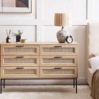Wyld and Coco Rattan Six-Drawer Chest Light Wood with Black Metal Frame in Brown