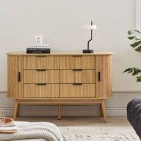 Wyld and Coco 6-Drawer Chest in Light Brown with Solid Pine Legs and Sliding Doors