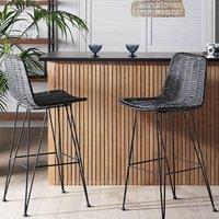 Wyld and Coco Set of 2 Black Rattan Bar Chairs with Powder-Coated Metal Frames