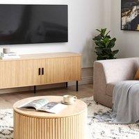 Wyld and Coco 70-inch TV Stand with Sliding Doors and Pine Handles in Brown