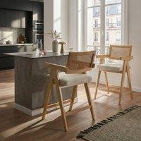Wyld and Coco Set of 2 Bar Chairs - Light Brown Beige Boucle Rubberwood Retro
