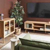 Wyld and Coco Light Brown Particle Board TV Stand Tempered Glass Doors and Pine Legs