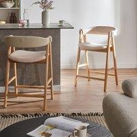 Wyld and Coco Living Pair of Boucle Bar Chairs Beige Rubberwood Retro