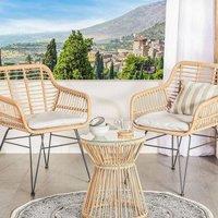 Wyld and Coco Bistro Set Faux PE Rattan 2 Seater Grey Cushions and Glass Table in Natural