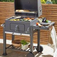 Wyld and Coco Charcoal BBQ Grill with Lid and Thermometer Wheels and Two Shelves in Grey