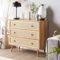Wyld and Coco Ponca 3-Drawer Chest - Rattan Front Pine Legs Light Brown 90 x 79 cm
