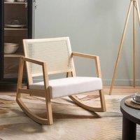 Wyld and Coco Rocking Armchair Braided Backrest Light Beige Fabric Rubberwood Frame
