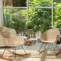 Wyld and Coco Set of 2 Natural Rattan Rocking Chairs with Mahogany Legs
