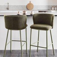 Wyld and Coco Set 2 Dark Green Boucle Bar Chairs Black Powder Coat Iron Legs